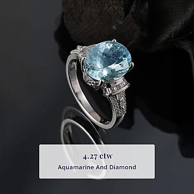 Luxoro 10K White Gold Premium Aquamarine, Diamond (I2) (0.28 cts) Ring (Size 5.0) 3.90 ctw