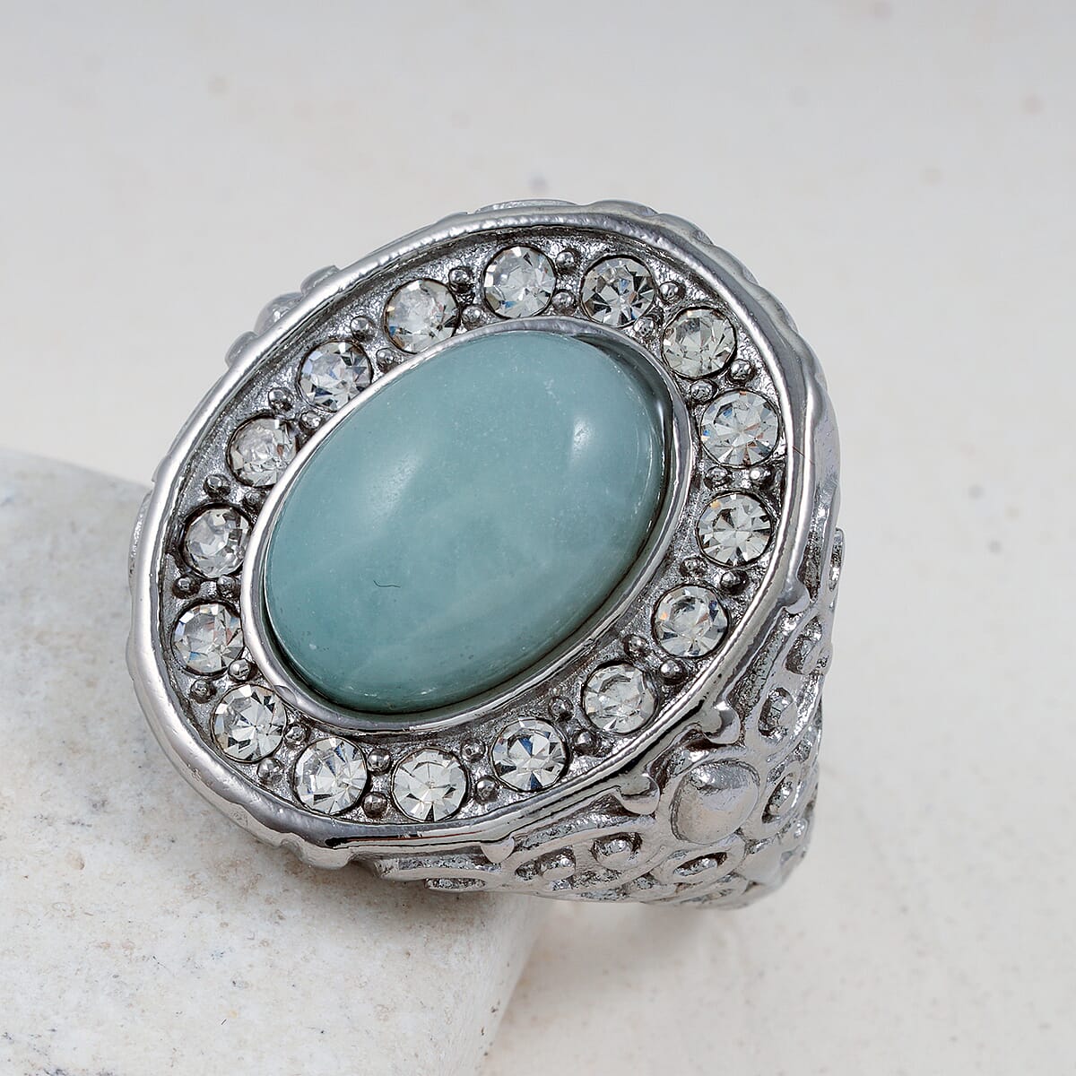 Amazonite and Simulated Diamond 3.30 ctw Ring in Stainless Steel (Size 6.0) image number 1