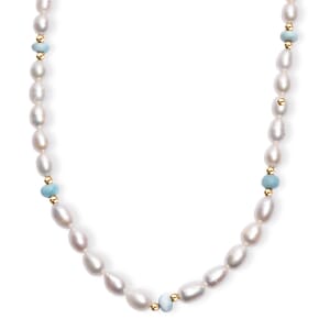 White Freshwater Pearl and Larimar 10.00 ctw Necklace in 18K Vermeil Yellow Gold Over Sterling Silver 18 Inches