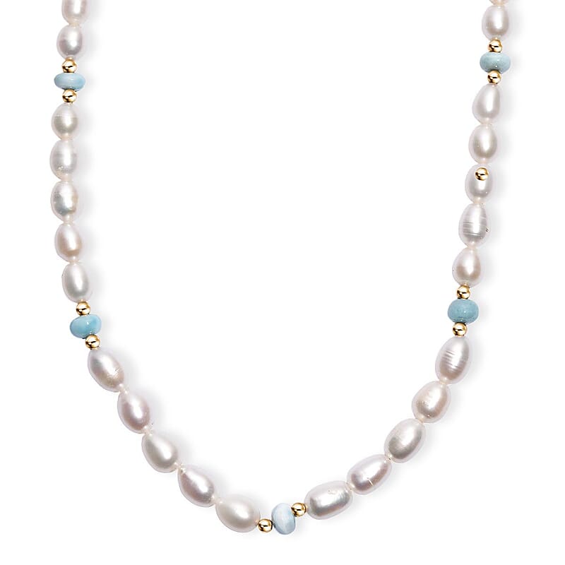 White Freshwater Pearl and Larimar 10.00 ctw Necklace in 18K Vermeil Yellow Gold Over Sterling Silver 18 Inches