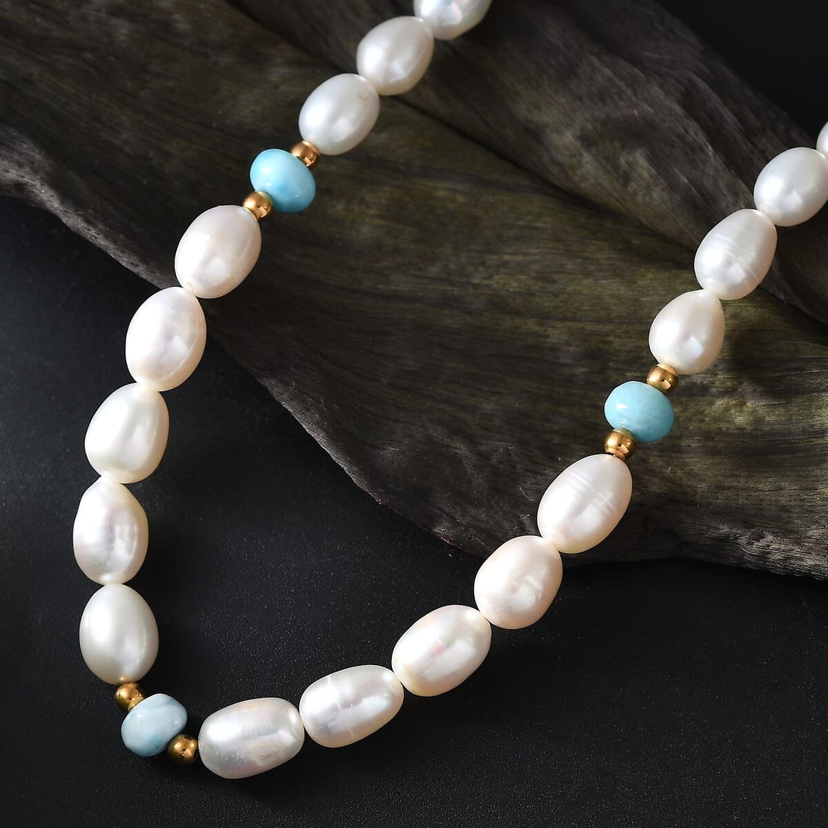 White Freshwater Pearl and Larimar 10.00 ctw Necklace in 18K Vermeil Yellow Gold Over Sterling Silver 18 Inches image number 1