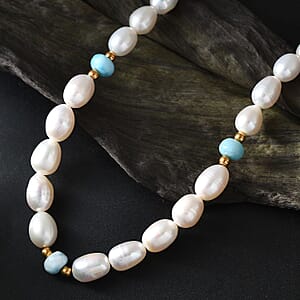 White Freshwater Pearl and Larimar 10.00 ctw Necklace in 18K Vermeil Yellow Gold Over Sterling Silver 18 Inches