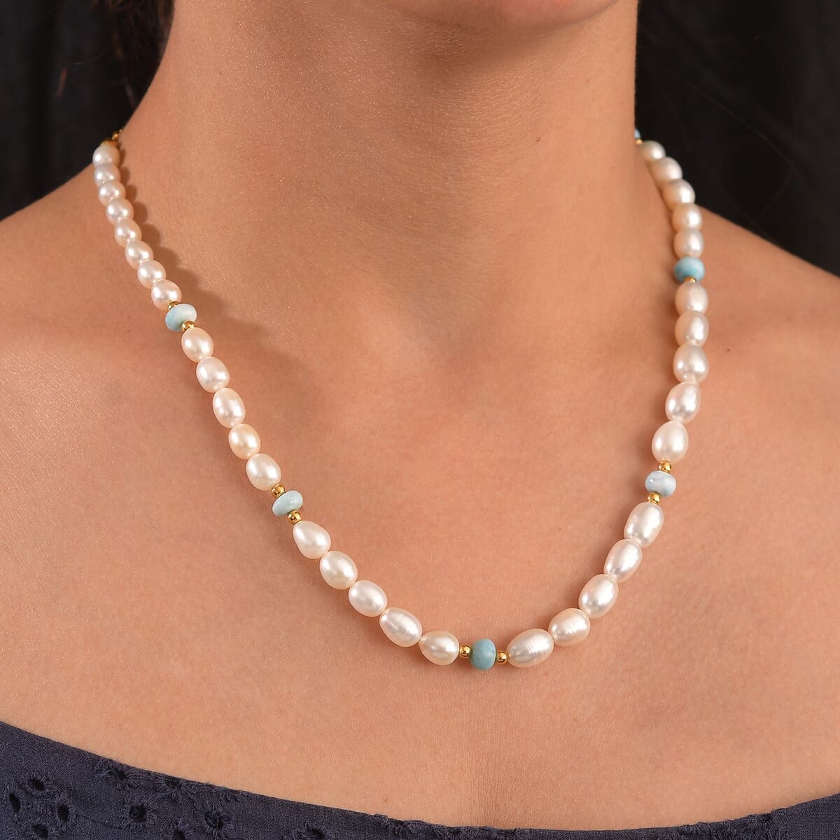 White Freshwater Pearl and Larimar 10.00 ctw Necklace in 18K Vermeil Yellow Gold Over Sterling Silver 18 Inches image number 2