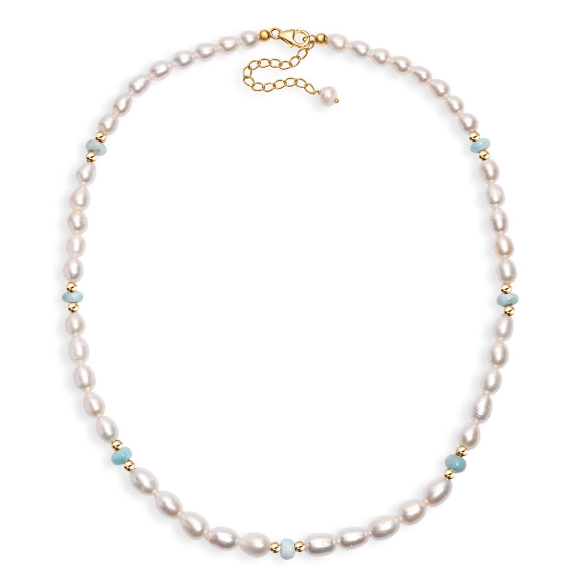 White Freshwater Pearl and Larimar 10.00 ctw Necklace in 18K Vermeil Yellow Gold Over Sterling Silver 18 Inches image number 3