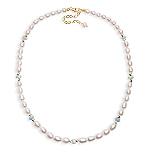 White Freshwater Pearl and Larimar 10.00 ctw Necklace in 18K Vermeil Yellow Gold Over Sterling Silver 18 Inches