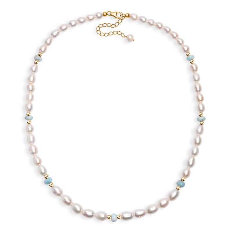 White Freshwater Pearl and Larimar 10.00 ctw Necklace in 18K Vermeil Yellow Gold Over Sterling Silver 18 Inches