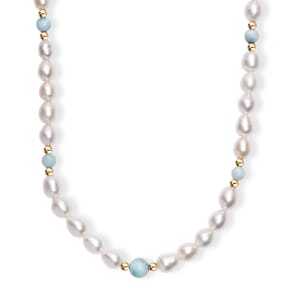Freshwater Pearl and Larimar 8.00 ctw Necklace in 18K Vermeil Yellow Gold Over Sterling Silver 18 Inches