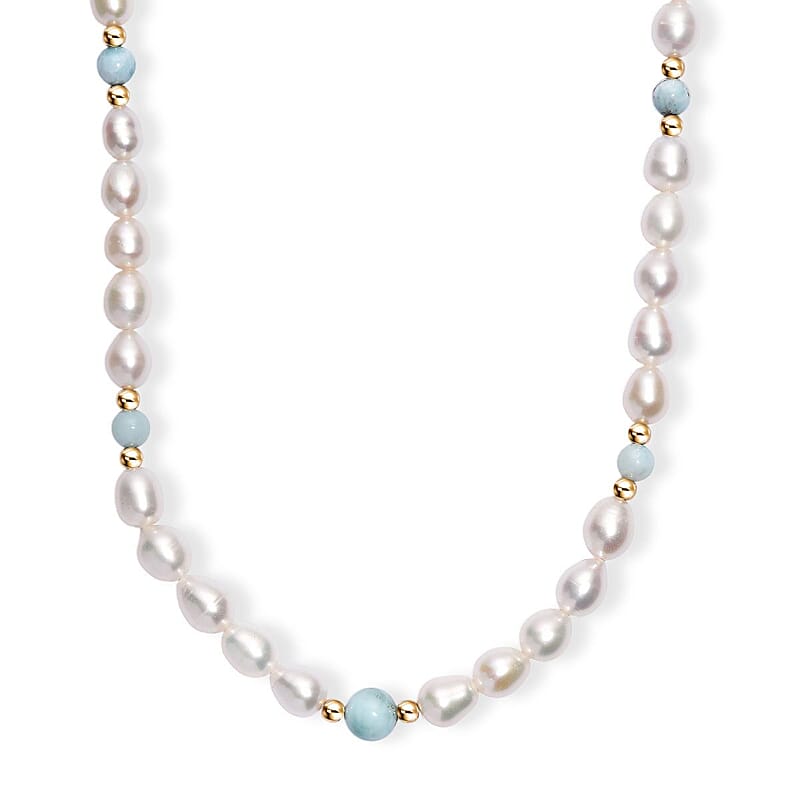 Freshwater Pearl and Larimar 8.00 ctw Necklace in 18K Vermeil Yellow Gold Over Sterling Silver 18 Inches