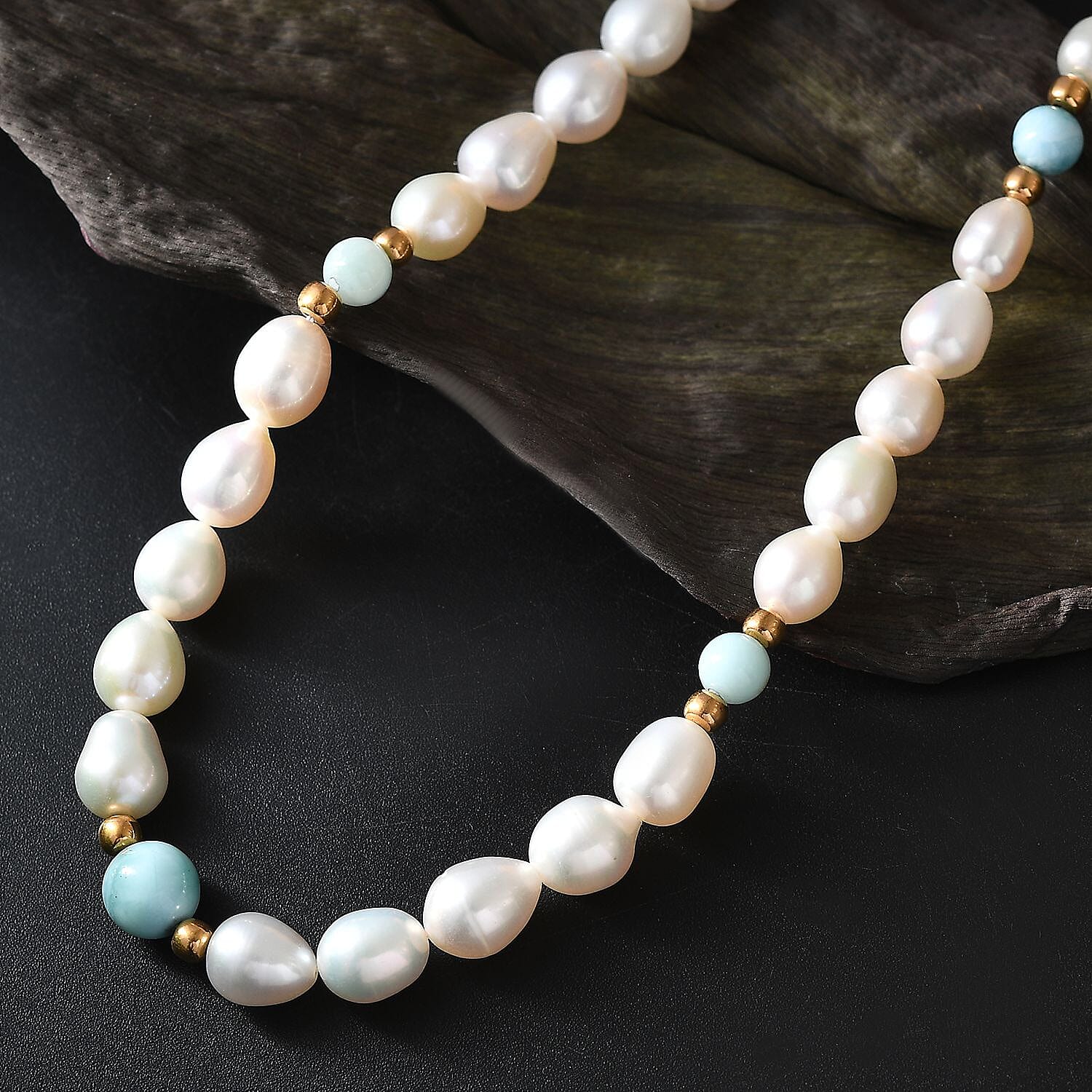 Freshwater Pearl and Larimar 8.00 ctw Necklace in 18K Vermeil Yellow Gold Over Sterling Silver 18 Inches