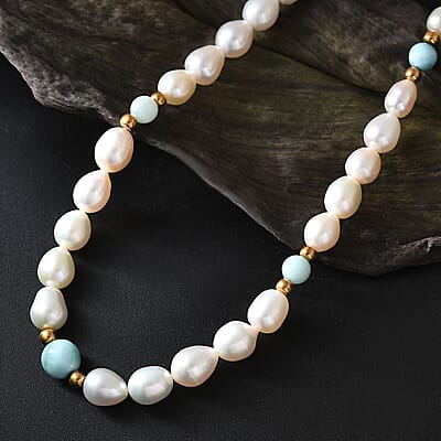 Freshwater Pearl and Larimar 8.00 ctw Necklace in 18K Vermeil Yellow Gold Over Sterling Silver 18 Inches