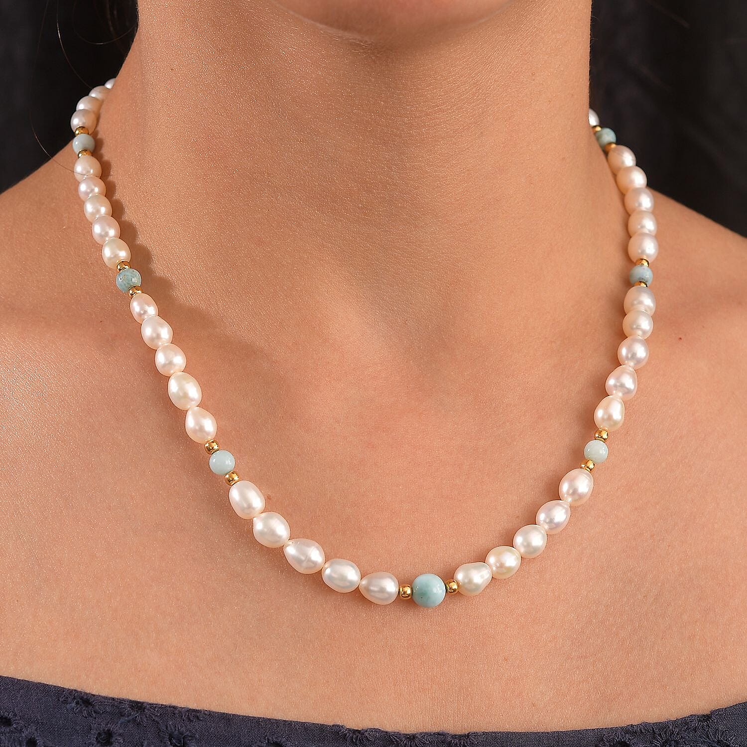 Freshwater Pearl and Larimar 8.00 ctw Necklace in 18K Vermeil Yellow Gold Over Sterling Silver 18 Inches
