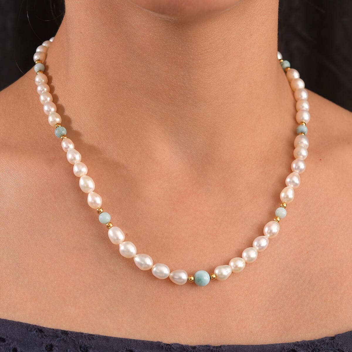 Freshwater Pearl and Larimar 8.00 ctw Necklace in 18K Vermeil Yellow Gold Over Sterling Silver 18 Inches image number 2