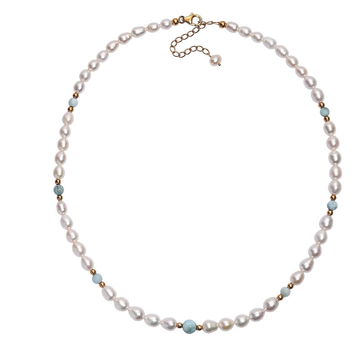 Freshwater Pearl and Larimar 8.00 ctw Necklace in 18K Vermeil Yellow Gold Over Sterling Silver 18 Inches