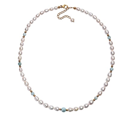 Freshwater Pearl and Larimar 8.00 ctw Necklace in 18K Vermeil Yellow Gold Over Sterling Silver 18 Inches