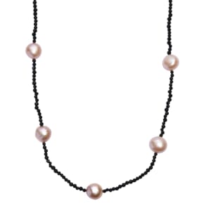 Freshwater Pearl and Thai Black Spinel 15.00 ctw Necklace in Rhodium Over Sterling Silver 24 Inches