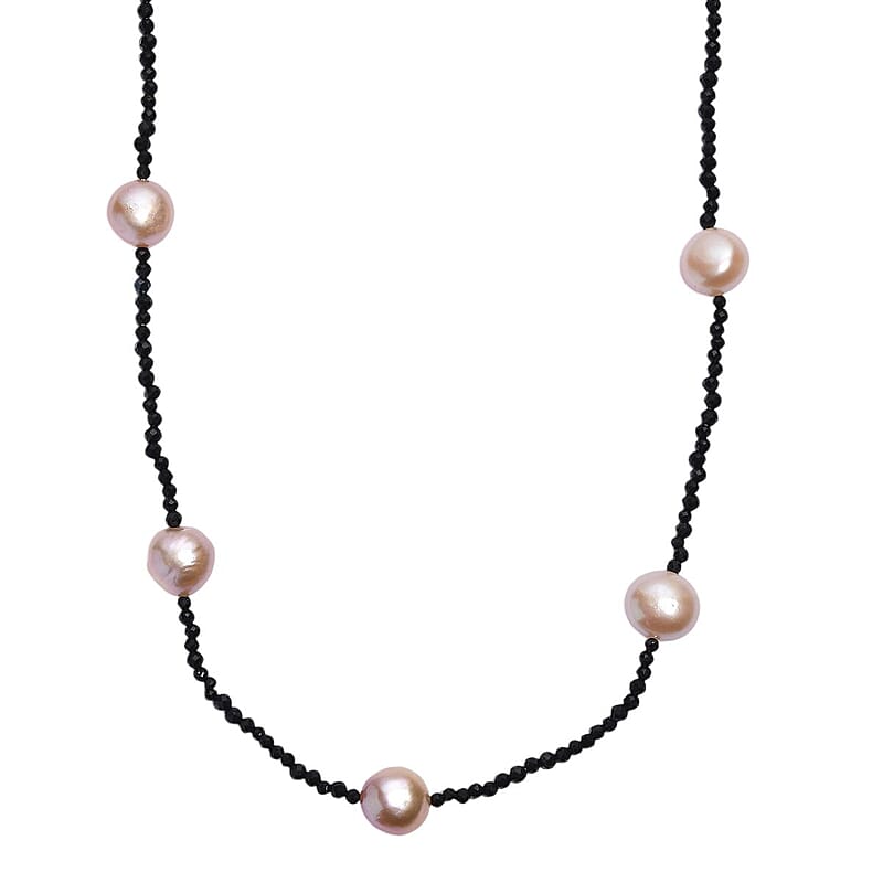 Freshwater Pearl and Thai Black Spinel 15.00 ctw Necklace in Rhodium Over Sterling Silver 24 Inches