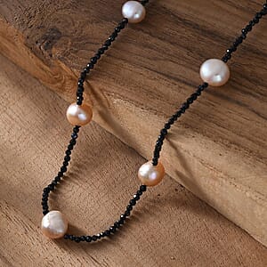 Freshwater Pearl and Thai Black Spinel 15.00 ctw Necklace in Rhodium Over Sterling Silver 24 Inches