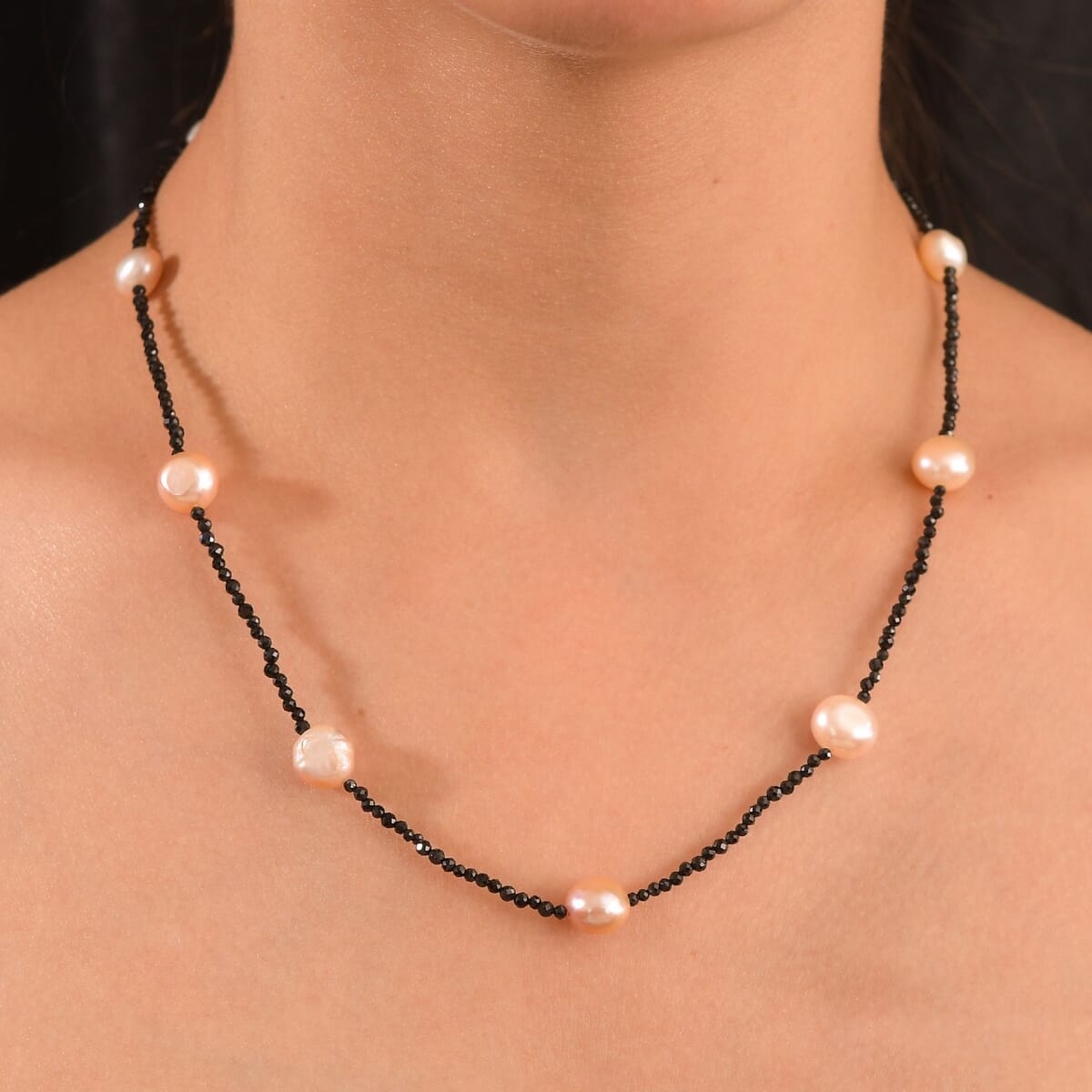 Freshwater Pearl and Thai Black Spinel 15.00 ctw Necklace in Rhodium Over Sterling Silver 24 Inches image number 2