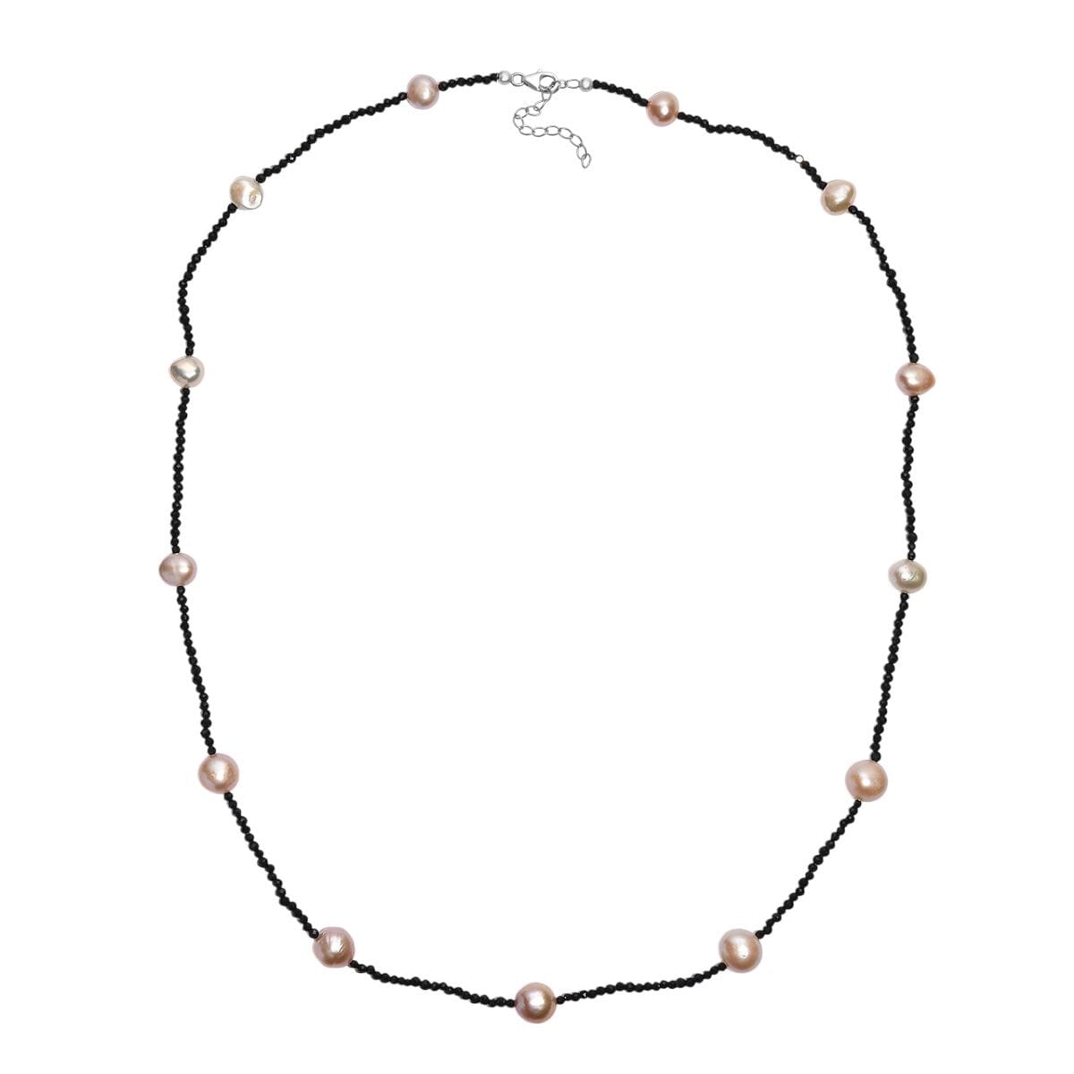 Freshwater Pearl and Thai Black Spinel 15.00 ctw Necklace in Rhodium Over Sterling Silver 24 Inches image number 3