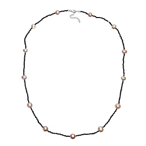 Freshwater Pearl and Thai Black Spinel 15.00 ctw Necklace in Rhodium Over Sterling Silver 24 Inches
