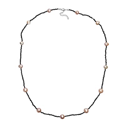 Freshwater Pearl and Thai Black Spinel 15.00 ctw Necklace in Rhodium Over Sterling Silver 24 Inches