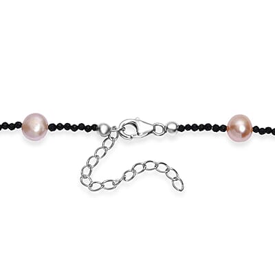 Freshwater Pearl and Thai Black Spinel 15.00 ctw Necklace in Rhodium Over Sterling Silver 24 Inches