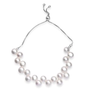 White Freshwater Pearl Bolo Bracelet in Rhodium Over Sterling Silver
