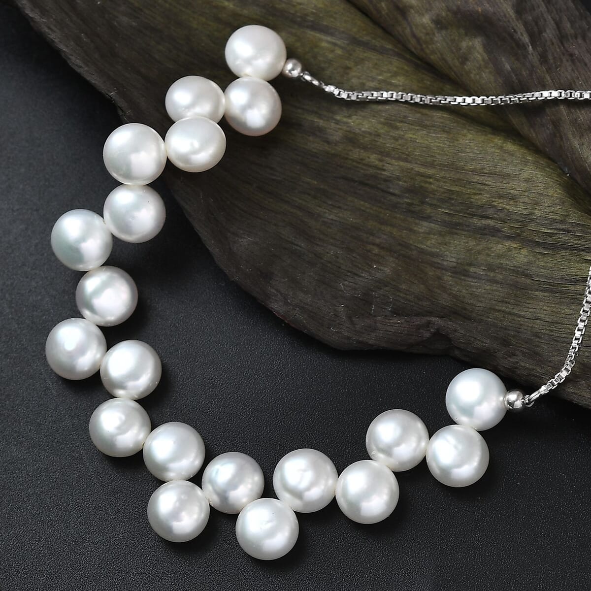 White Freshwater Pearl Bolo Dancing bubbles Bracelet in Rhodium Over Sterling Silver image number 1