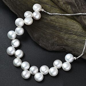 White Freshwater Pearl Bolo Dancing bubbles Bracelet in Rhodium Over Sterling Silver