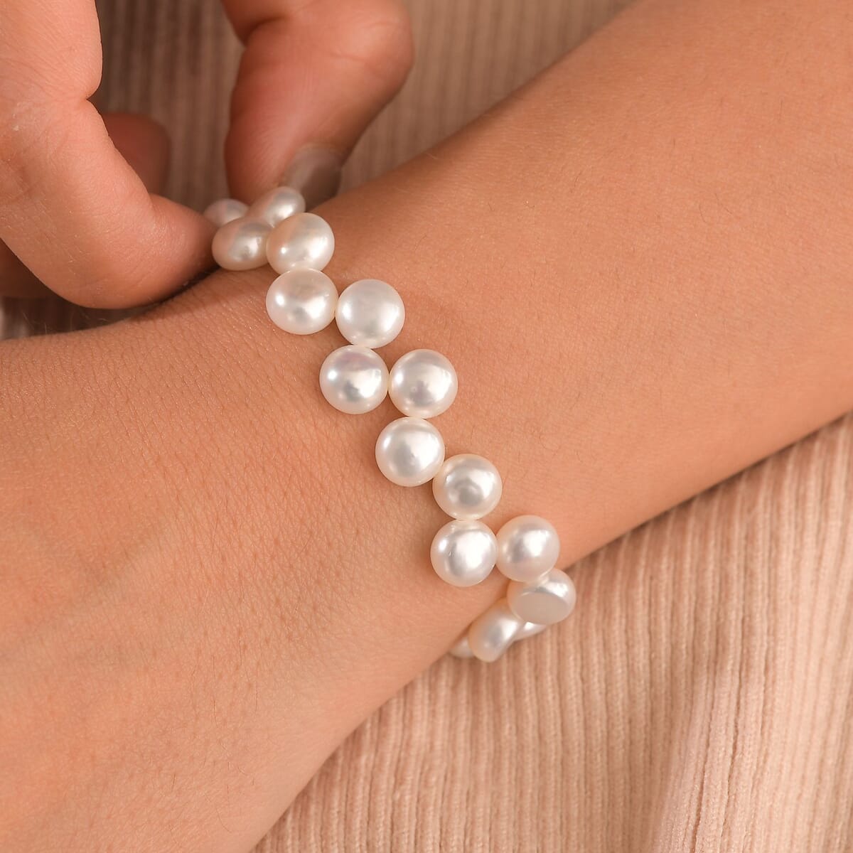 White Freshwater Pearl Bolo Dancing bubbles Bracelet in Rhodium Over Sterling Silver image number 2