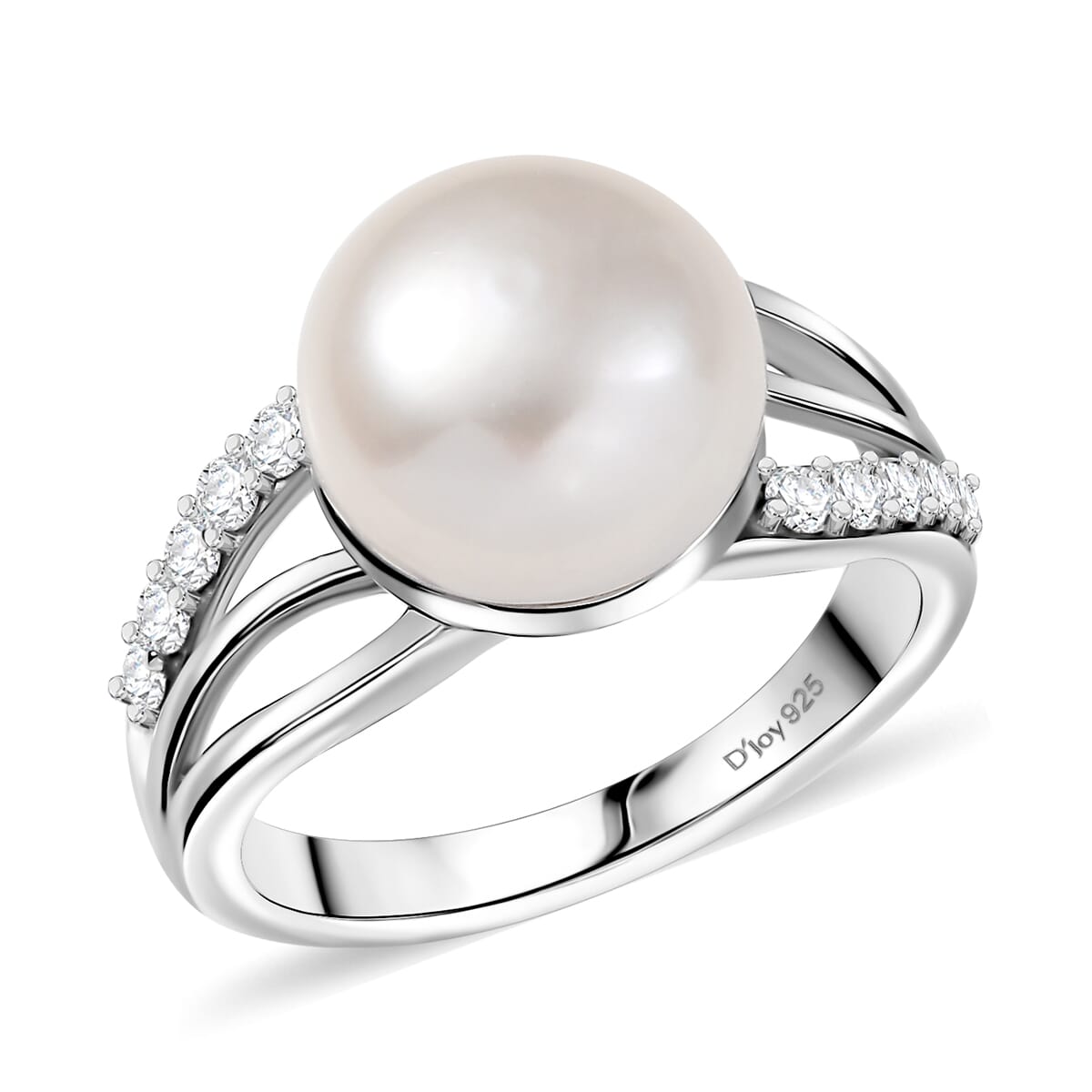 D'Joy Freshwater Pearl and White Zircon 0.35 ctw Moonlit Grace Ring in Rhodium Over Sterling Silver (Size 10.0) image number 0
