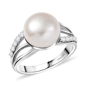 D'Joy Freshwater Pearl and White Zircon 0.35 ctw Moonlit Grace Ring in Rhodium Over Sterling Silver (Size 10.0)