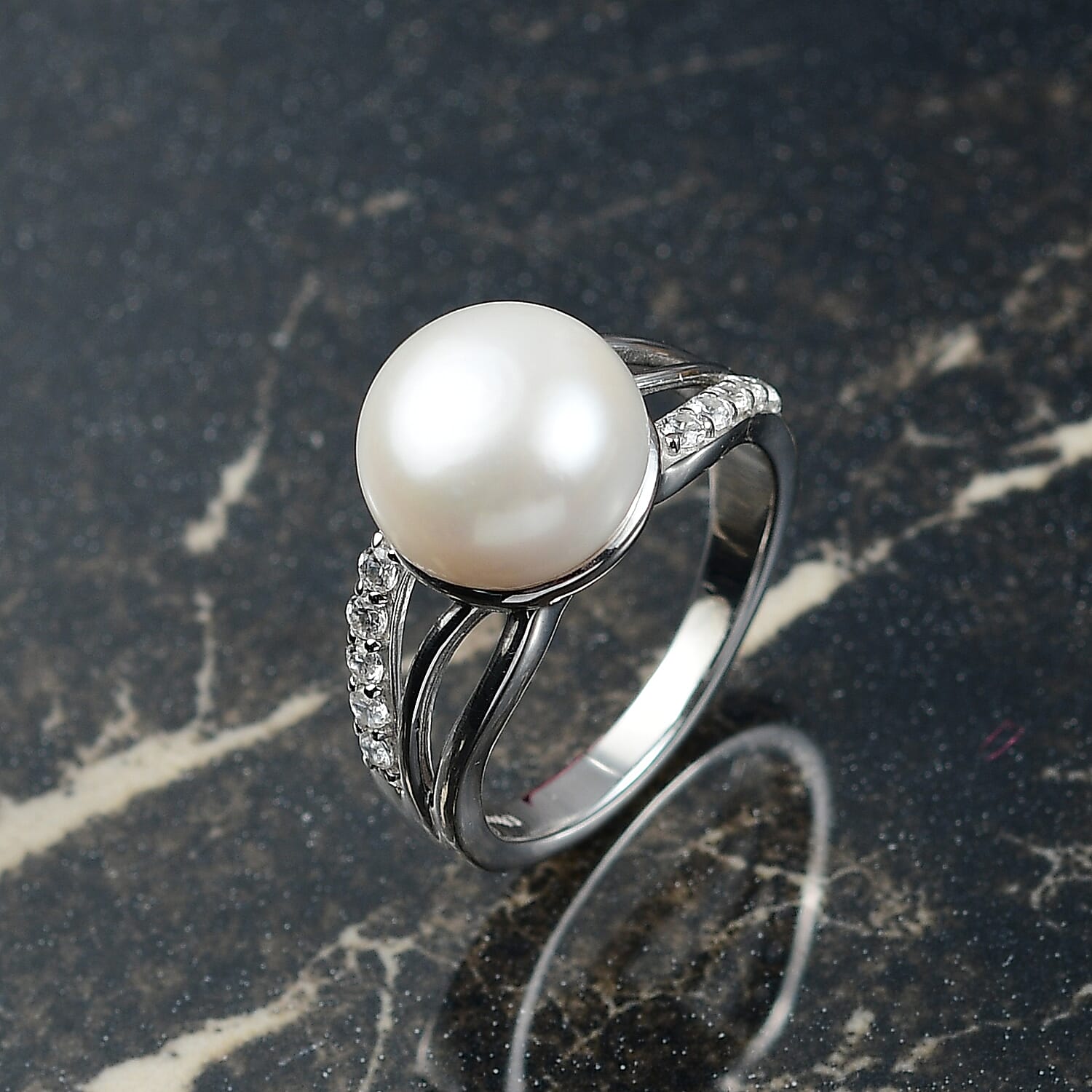 D'Joy Freshwater Pearl and White Zircon 0.35 ctw Moonlit Grace Ring in Rhodium Over Sterling Silver (Size 10.0)
