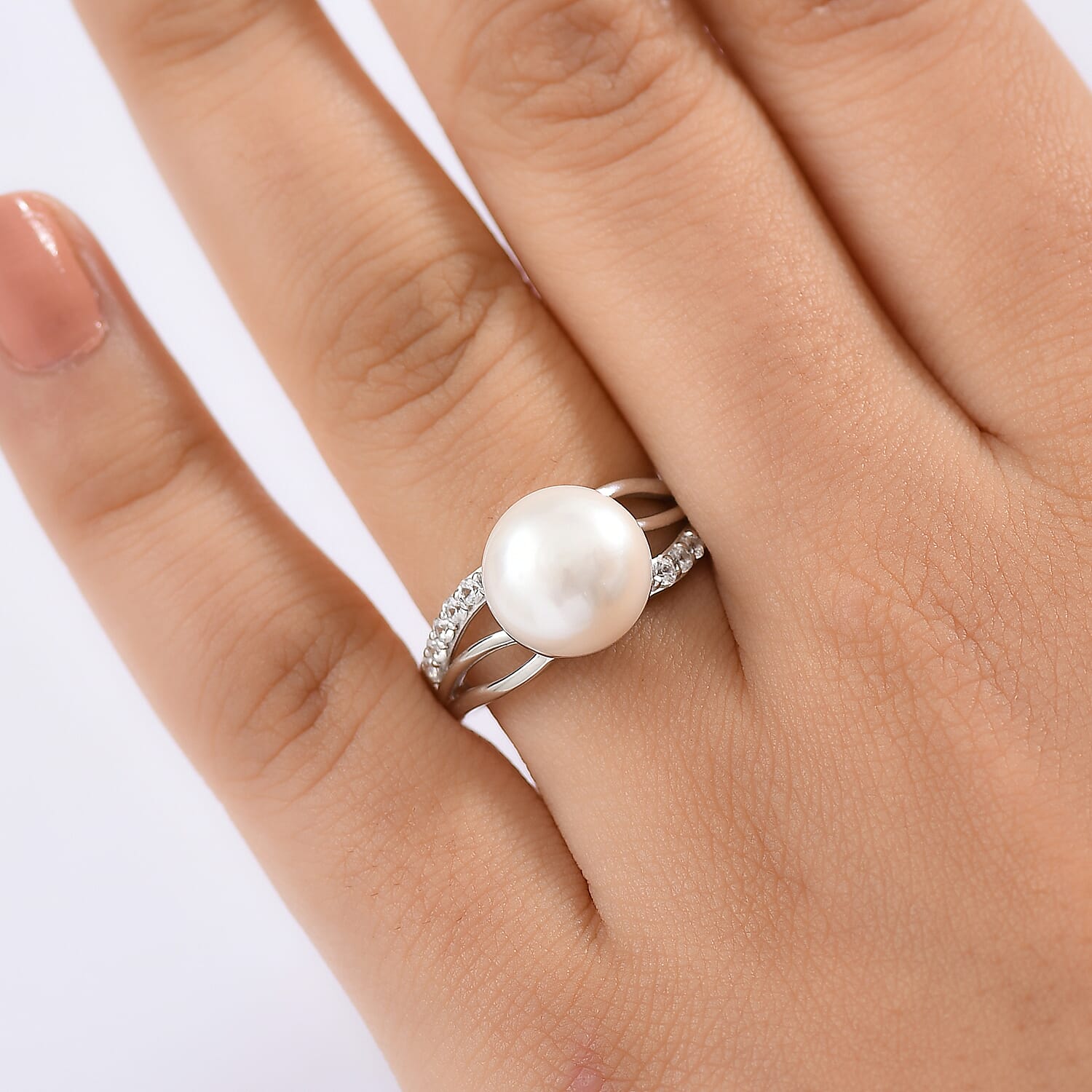 D'Joy Freshwater Pearl and White Zircon 0.35 ctw Moonlit Grace Ring in Rhodium Over Sterling Silver (Size 10.0)
