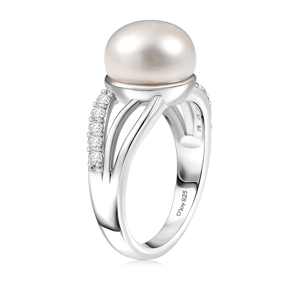 D'Joy Freshwater Pearl and White Zircon 0.35 ctw Moonlit Grace Ring in Rhodium Over Sterling Silver (Size 10.0)