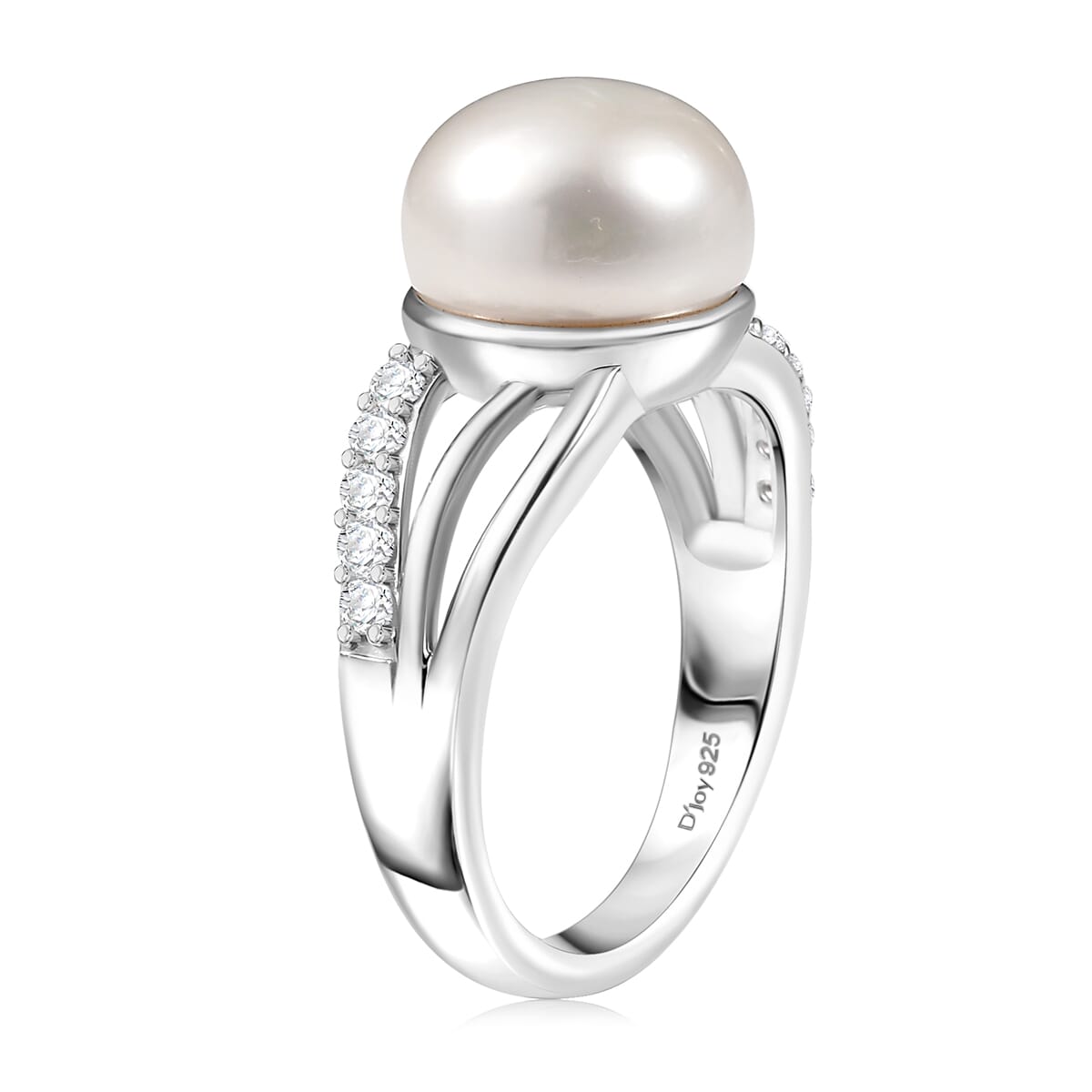 D'Joy Freshwater Pearl and White Zircon 0.35 ctw Moonlit Grace Ring in Rhodium Over Sterling Silver (Size 10.0) image number 3