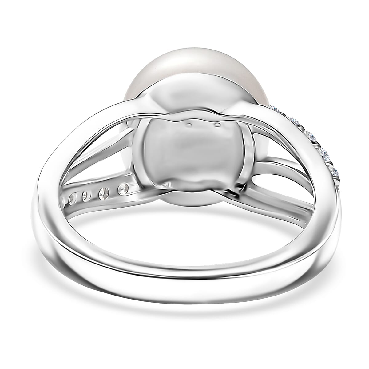 D'Joy Freshwater Pearl and White Zircon 0.35 ctw Moonlit Grace Ring in Rhodium Over Sterling Silver (Size 10.0)