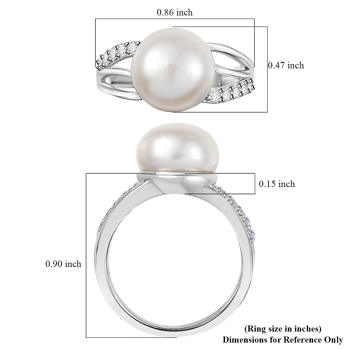 D'Joy Freshwater Pearl and White Zircon 0.35 ctw Moonlit Grace Ring in Rhodium Over Sterling Silver (Size 10.0)