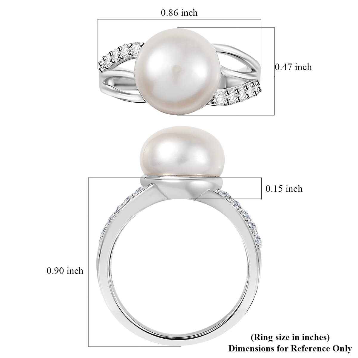 D'Joy Freshwater Pearl and White Zircon 0.35 ctw Moonlit Grace Ring in Rhodium Over Sterling Silver (Size 10.0) image number 5