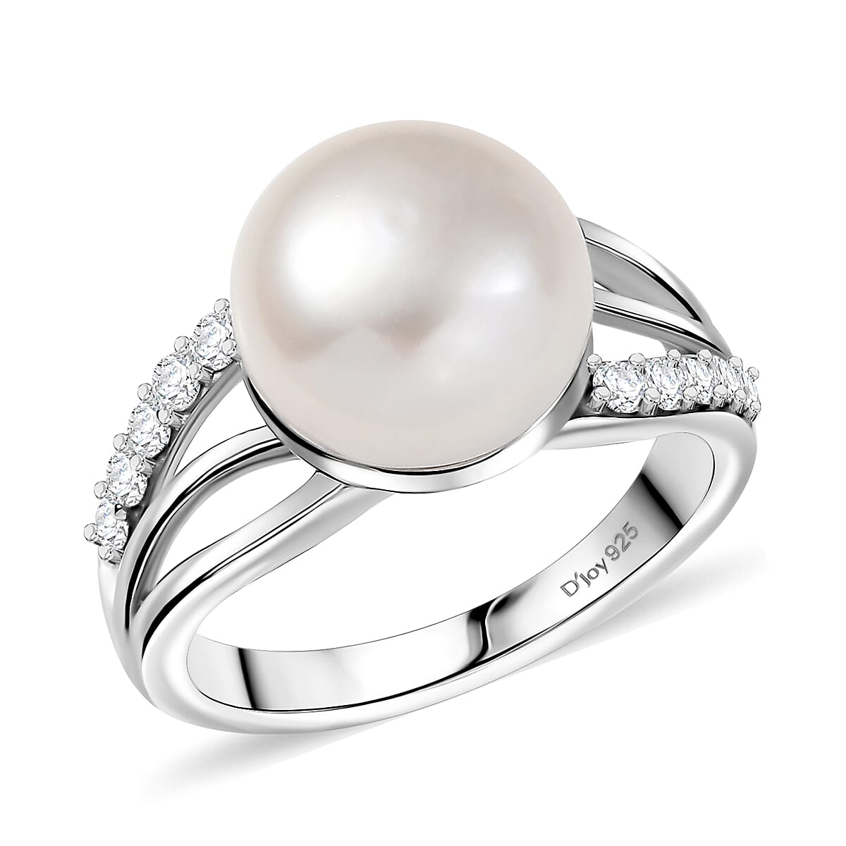 D'Joy Freshwater Pearl and White Zircon 0.35 ctw Moonlit Grace Ring in Rhodium Over Sterling Silver (Size 7.0) image number 0