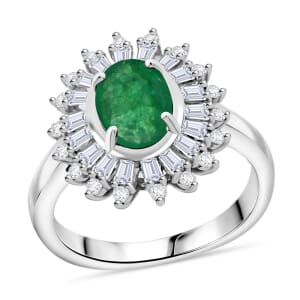 Premium Kagem Zambian Emerald and Moissanite 1.65 ctw Eternal Light Ring in Rhodium Over Sterling Silver (Size 10.0)