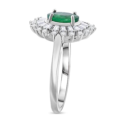 Premium Kagem Zambian Emerald and Moissanite 1.65 ctw Eternal Light Ring in Rhodium Over Sterling Silver (Size 10.0)