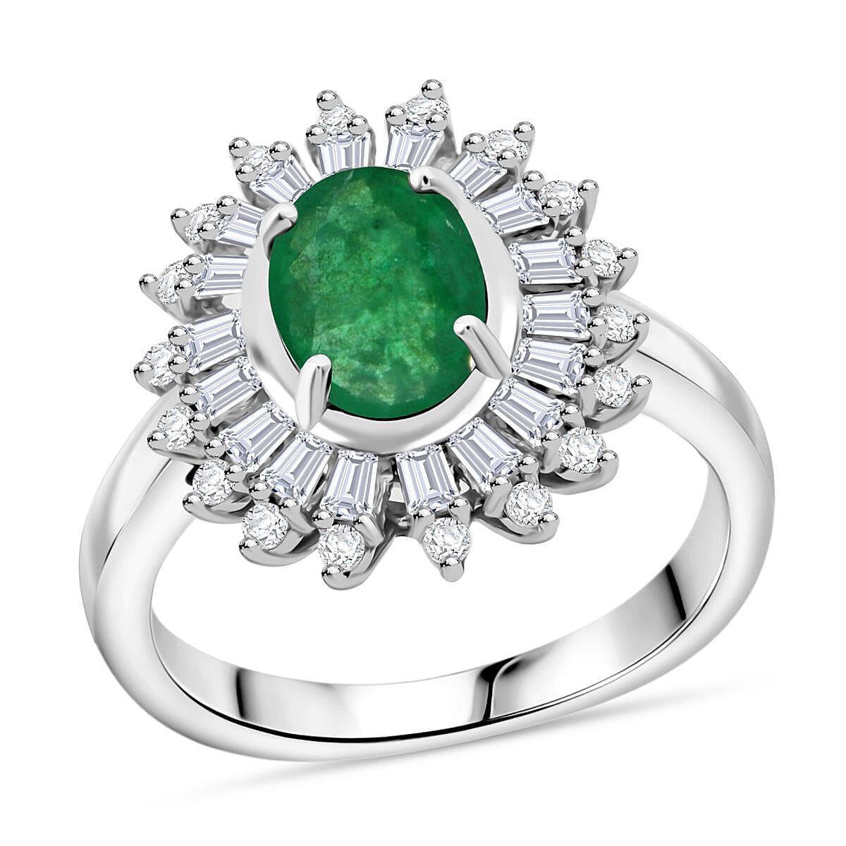 Premium Kagem Zambian Emerald and Moissanite 1.65 ctw Eternal Light Ring in Rhodium Over Sterling Silver (Size 9.0) image number 0