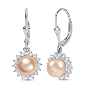 D'Joy Peach Freshwater Pearl and White Zircon 0.30 ctw Sunlit Bloom Earrings in Rhodium Over Sterling Silver