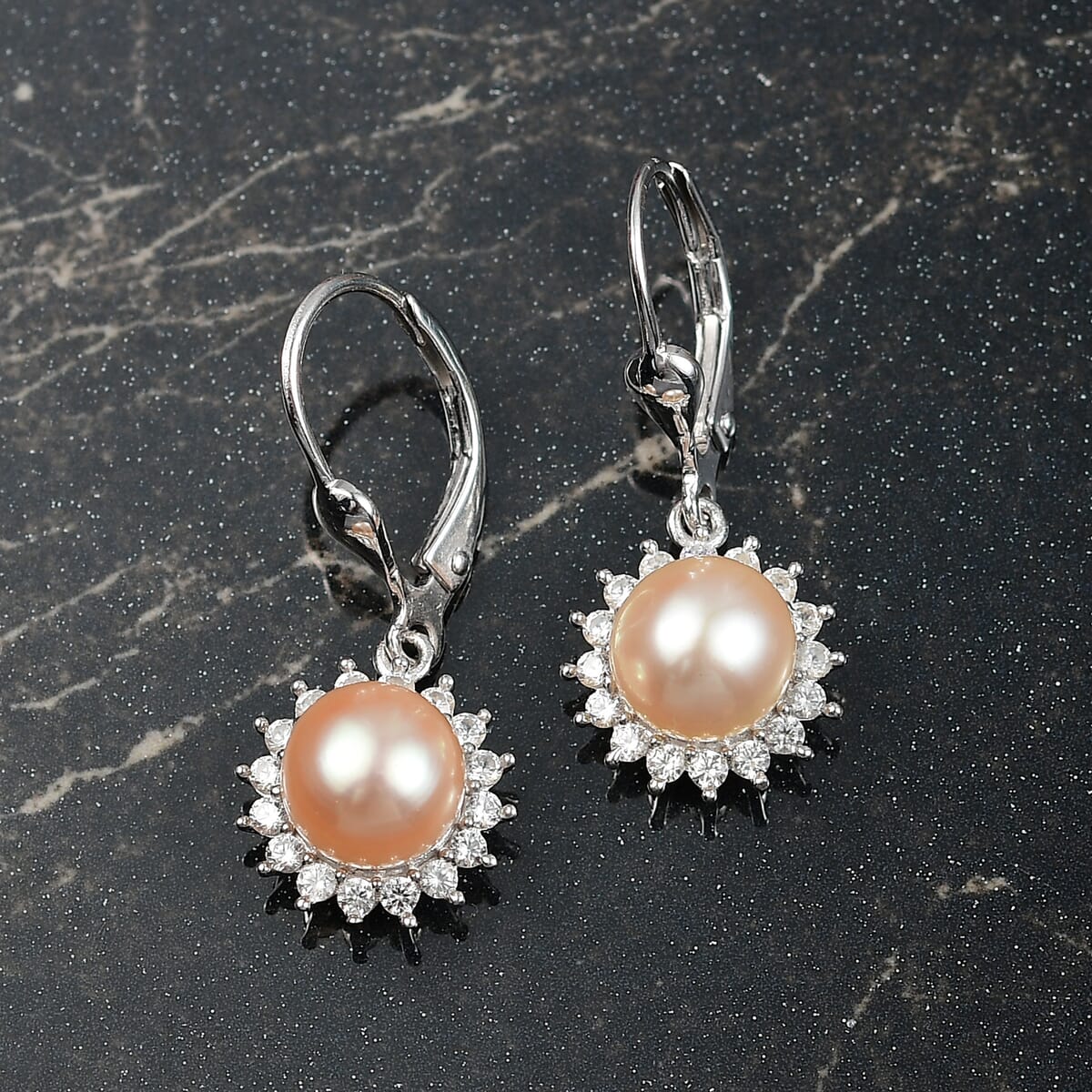 D'Joy Peach Freshwater Pearl and White Zircon 0.30 ctw Sunlit Bloom Earrings in Rhodium Over Sterling Silver image number 1