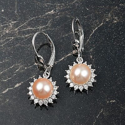 D'Joy Peach Freshwater Pearl and White Zircon 0.30 ctw Sunlit Bloom Earrings in Rhodium Over Sterling Silver