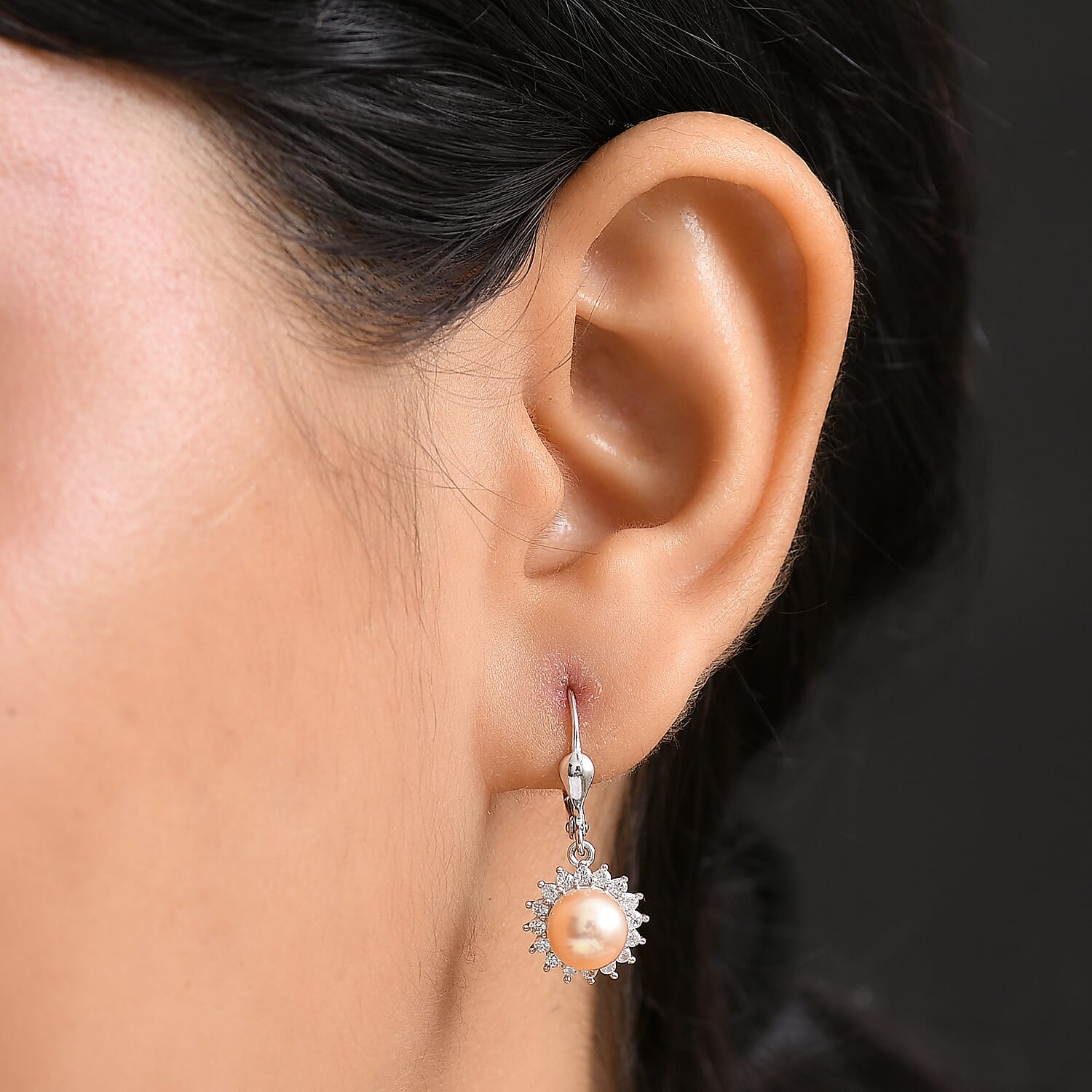 D'Joy Peach Freshwater Pearl and White Zircon 0.30 ctw Sunlit Bloom Earrings in Rhodium Over Sterling Silver