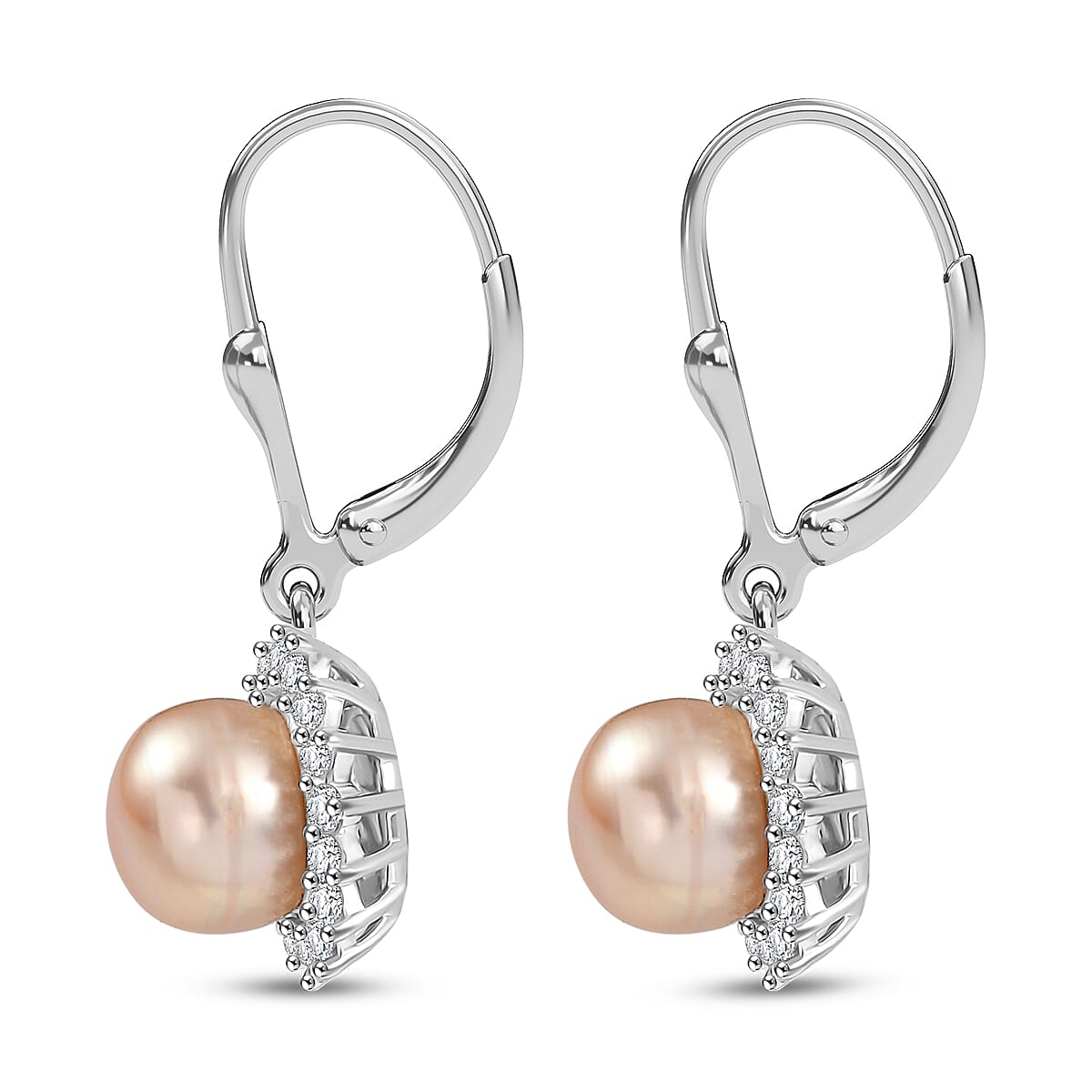 D'Joy Peach Freshwater Pearl and White Zircon 0.30 ctw Sunlit Bloom Earrings in Rhodium Over Sterling Silver