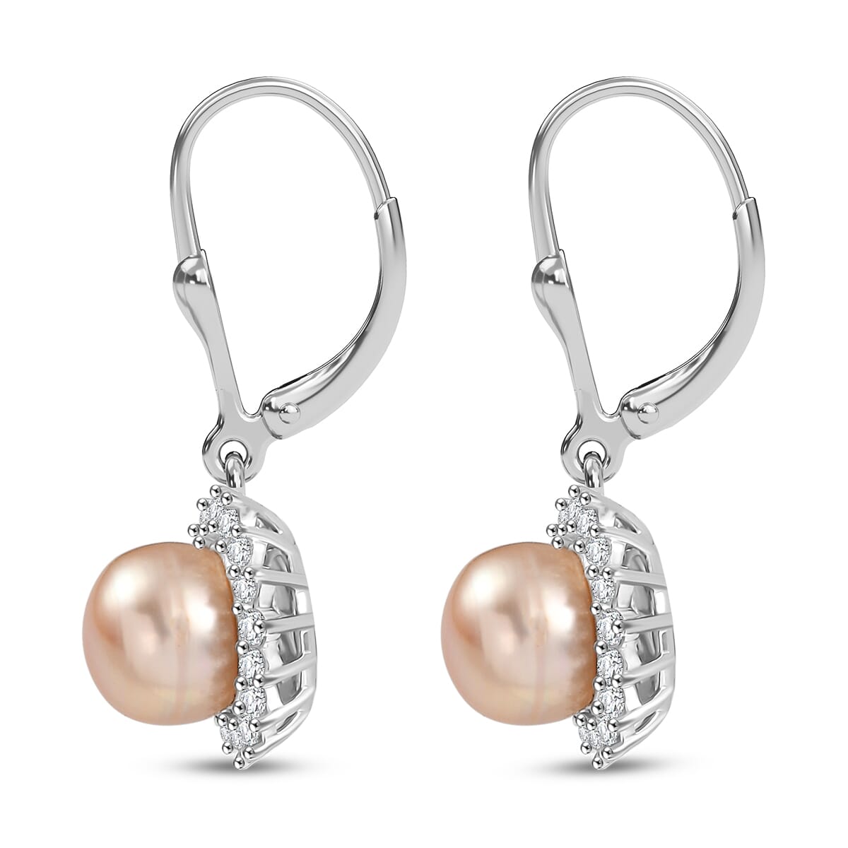 D'Joy Peach Freshwater Pearl and White Zircon 0.30 ctw Sunlit Bloom Earrings in Rhodium Over Sterling Silver image number 3