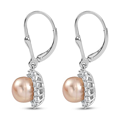 D'Joy Peach Freshwater Pearl and White Zircon 0.30 ctw Sunlit Bloom Earrings in Rhodium Over Sterling Silver